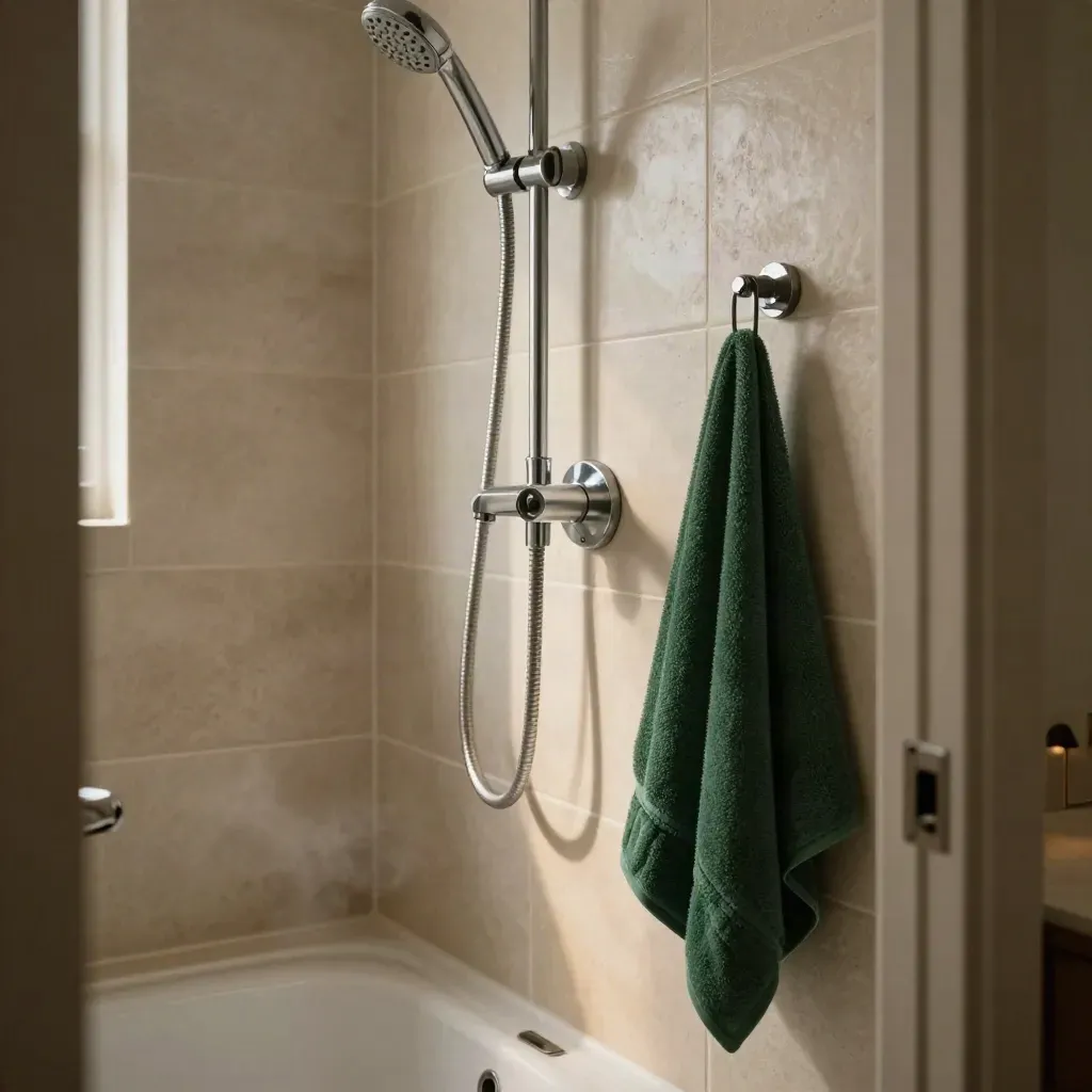 Baño alquilado renovado con grifo eficiente, ducha nueva y toalla verde oscuro.