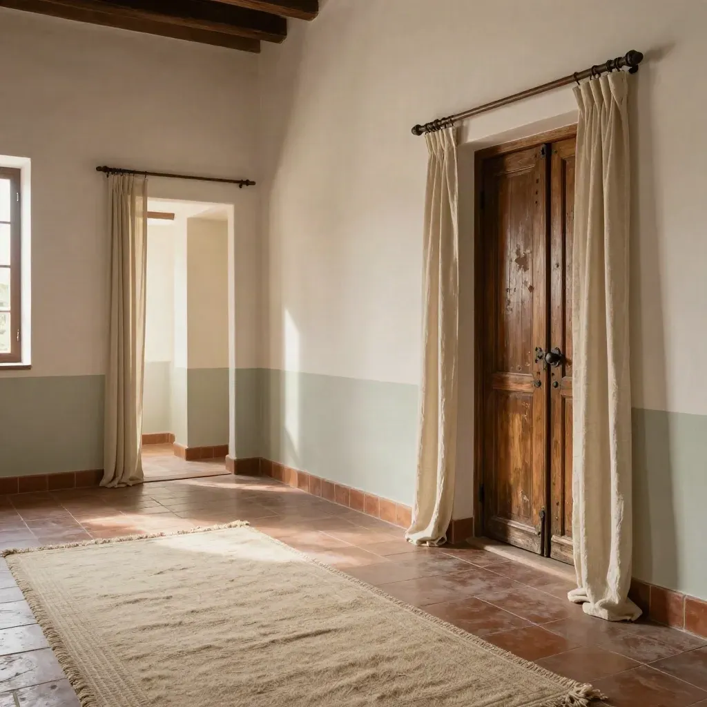 Interior de casa antigua con paredes sanas, puerta de madera y textiles naturales.