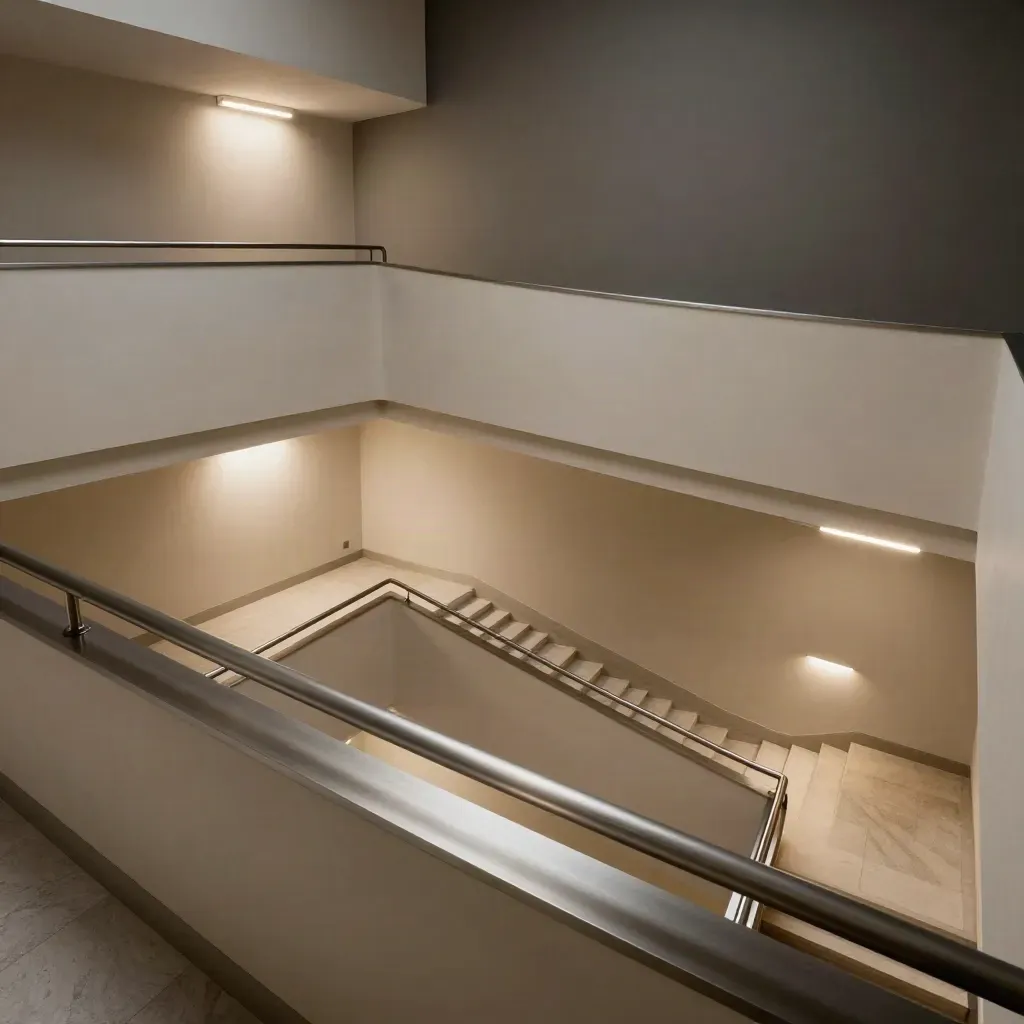 Escalera de tres pisos iluminada con LED uniformes, barandilla oscura y rellano limpio.